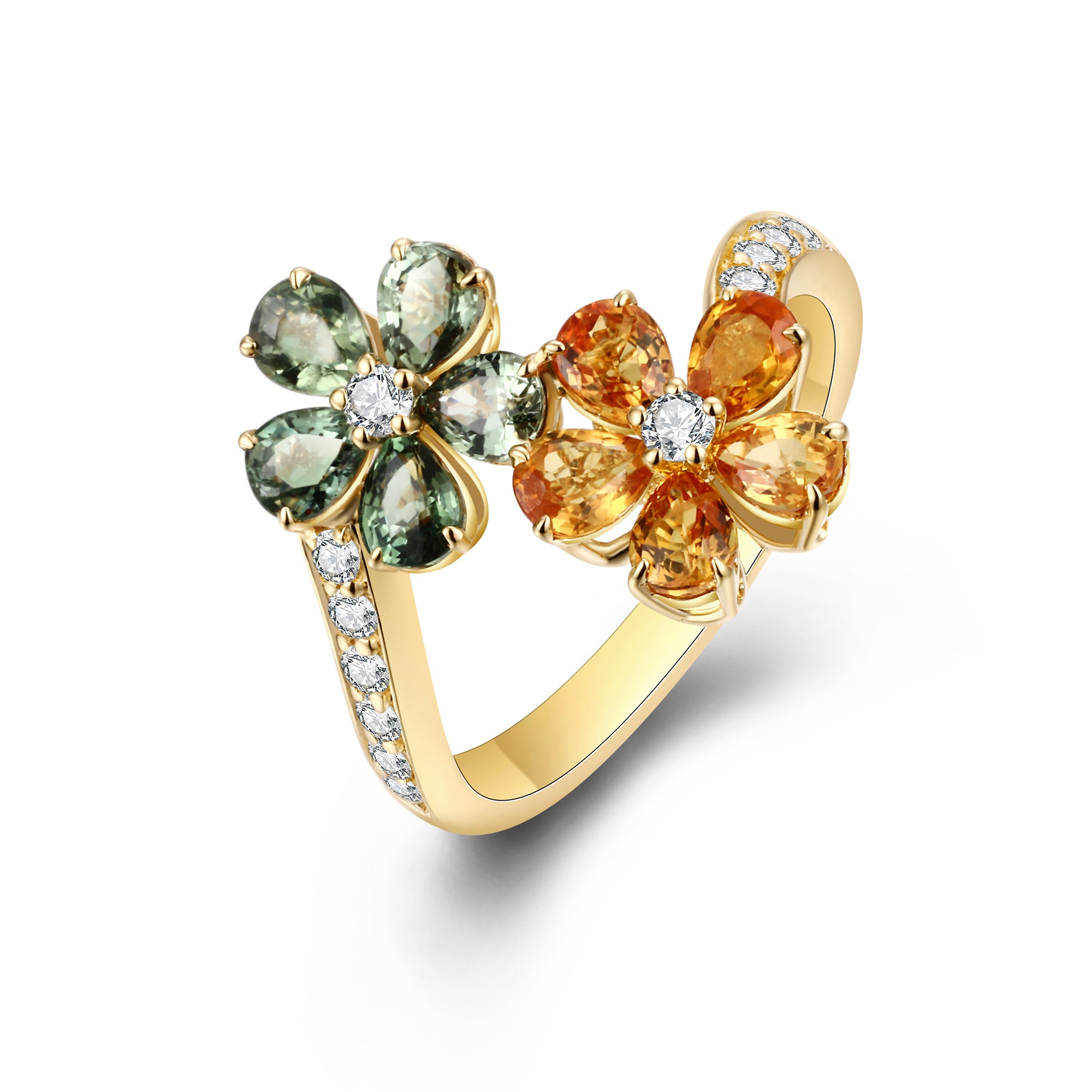 Natural Yellow & Green Sapphire and White Diamond ring