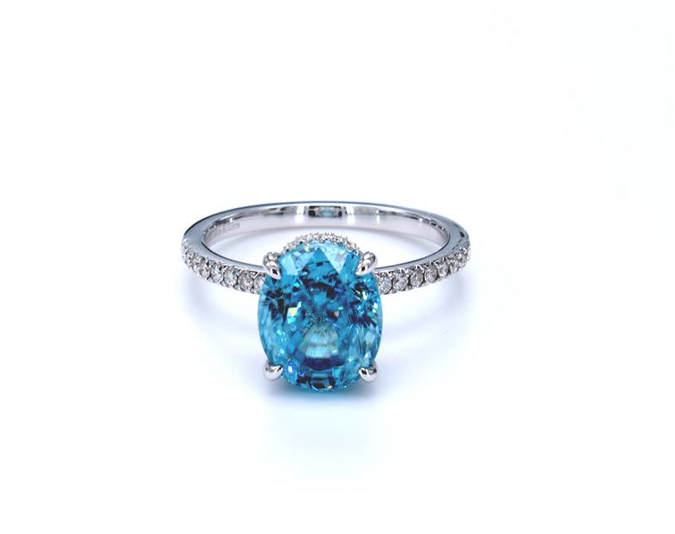 Blue Zircon and Diamond Ring