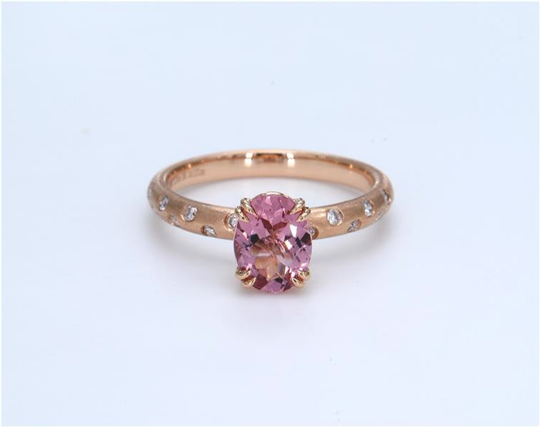 Oval Pink Tourmaline Sand Finish Diamond Ring