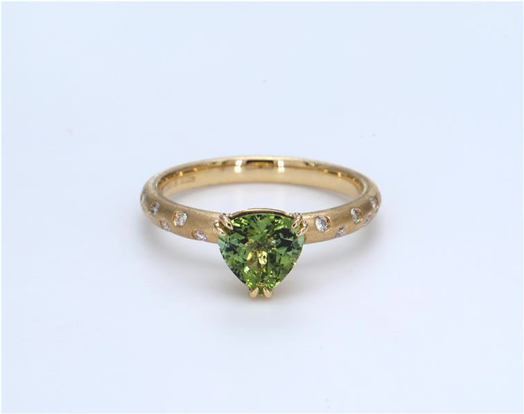 Green Tourmaline & Diamond Sand Finish Ring